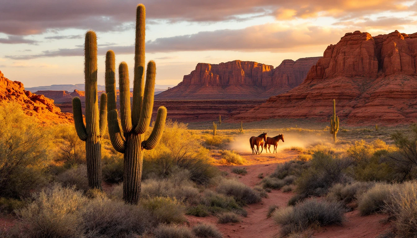 Illustrative Arizona scenery: saguaro desert and red mesas at golden hour