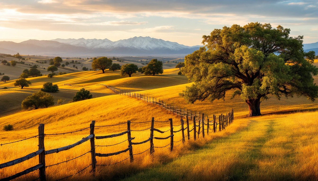 Illustrative California scenery: golden oak foothills below the Sierra Nevada