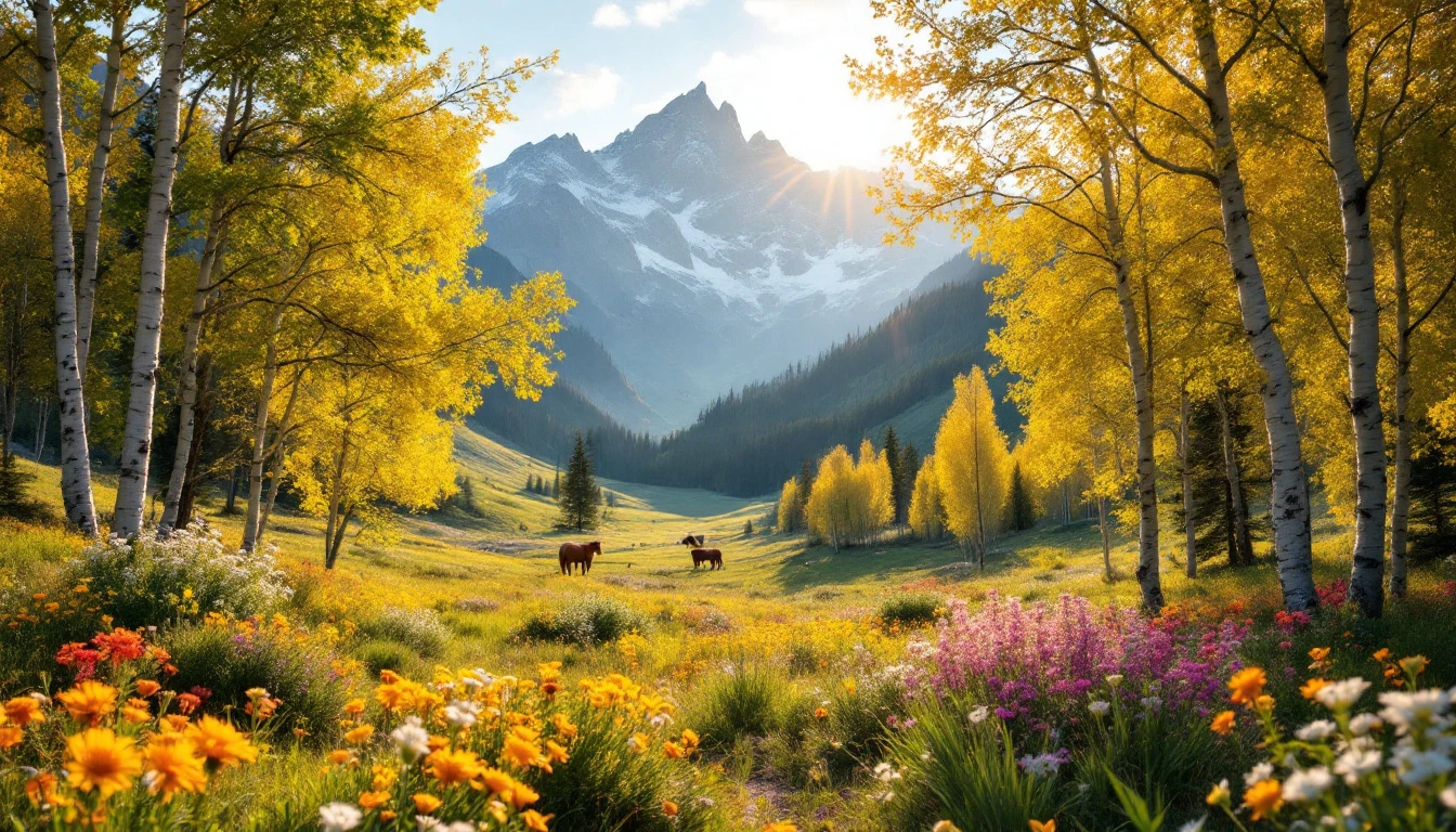 Illustrative Colorado scenery: Rocky Mountain meadow with aspens and grazing horses