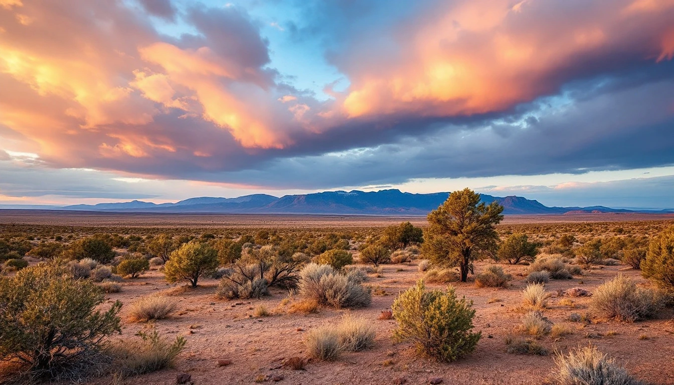 Illustrative New Mexico scenery: high desert mesa with juniper under dramatic skies