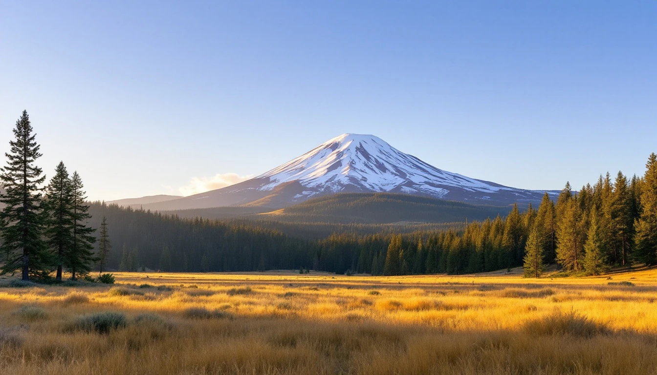 Illustrative Oregon scenery: ponderosa pine high desert below a snowy volcanic peak