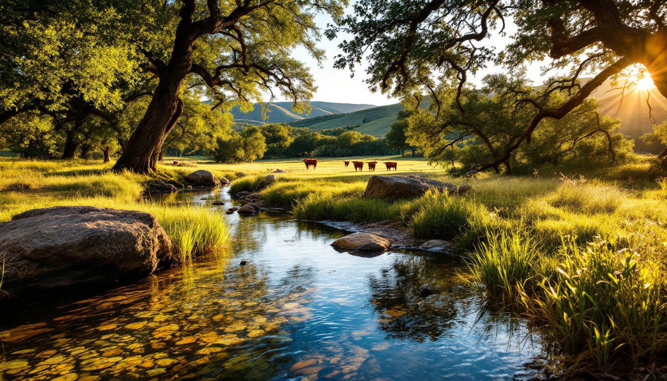 Illustrative Texas scenery: hill country creek with oaks and distant longhorn cattle