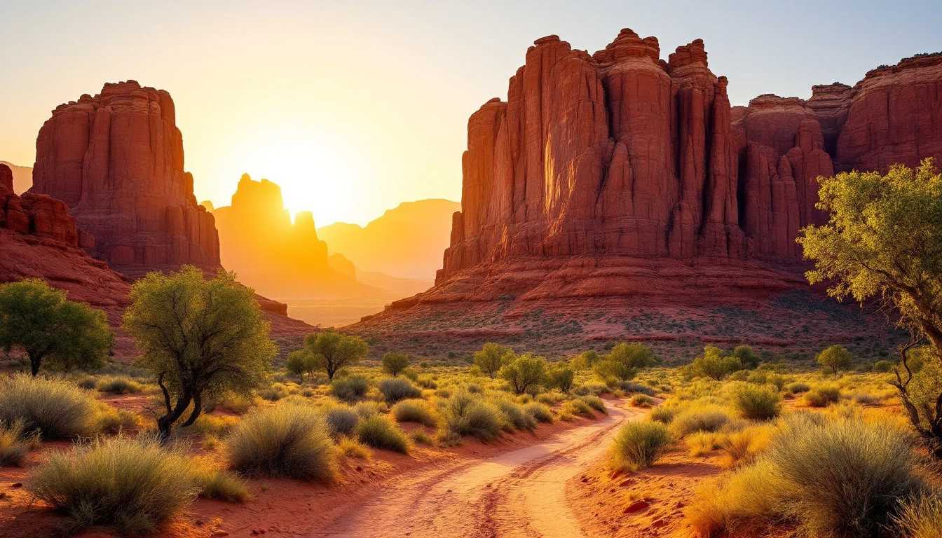 Illustrative Utah scenery: red rock canyon walls with cottonwoods