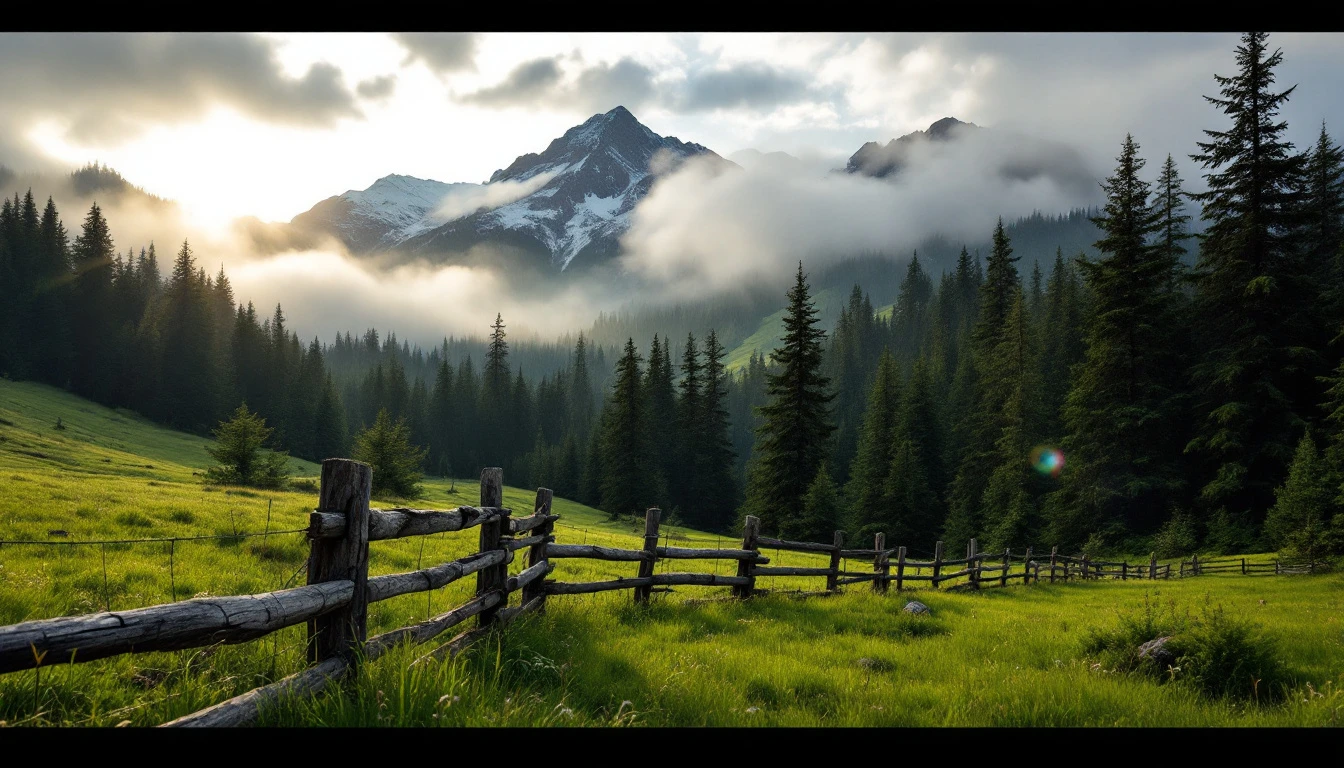 Illustrative Washington scenery: Cascade foothills meadow with misty evergreen peaks